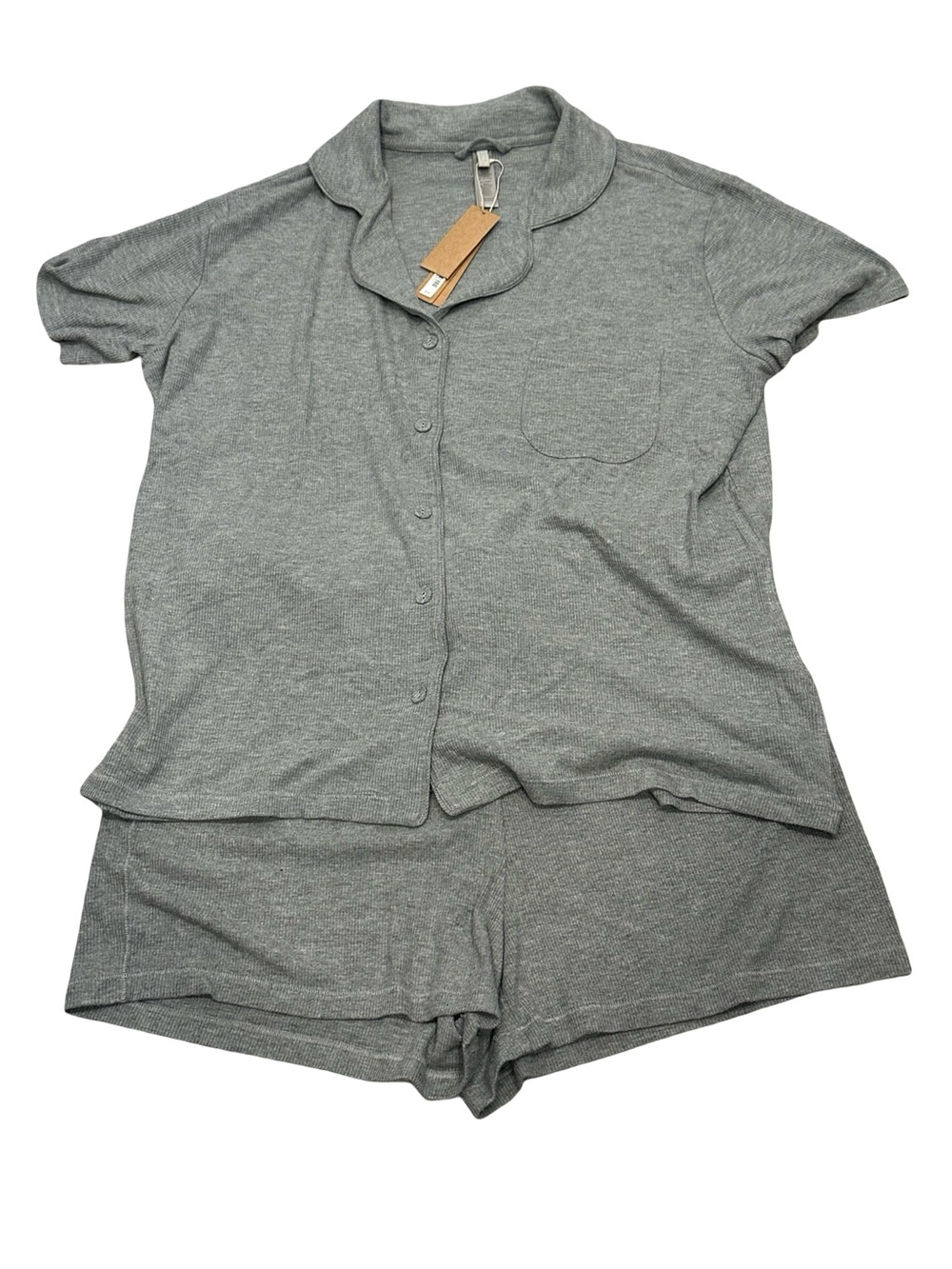 NWT Skims Women's Large Gray Short-Sleeve Button-Up Top/Short Pajama Set
